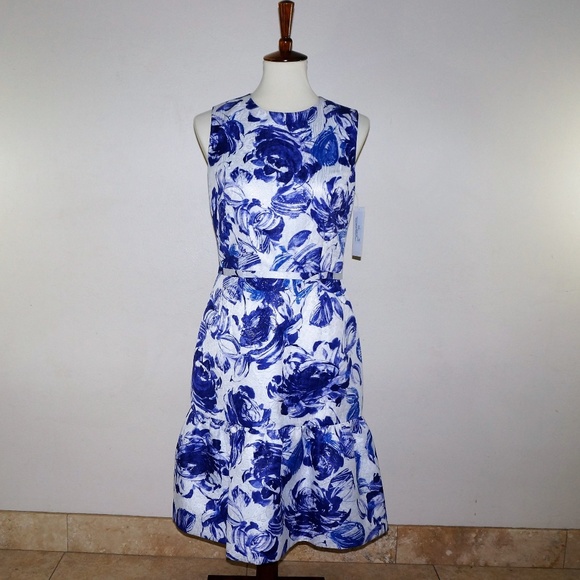 Rickie Freeman for Teri Jon Dresses & Skirts - Blue Floral Roses Peplum Dress Belted Sparkle